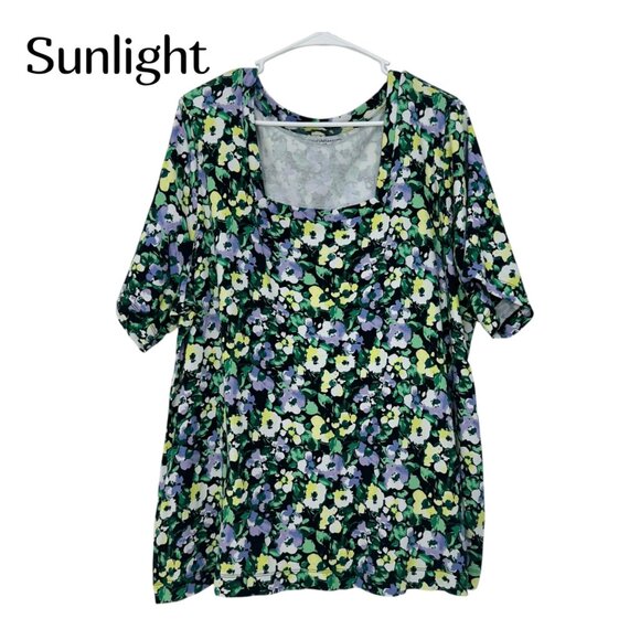 Croft & Barrow Womens Green Floral Square Neck Top SZ 2X Soft Stretchy Cotton - Picture 1 of 10